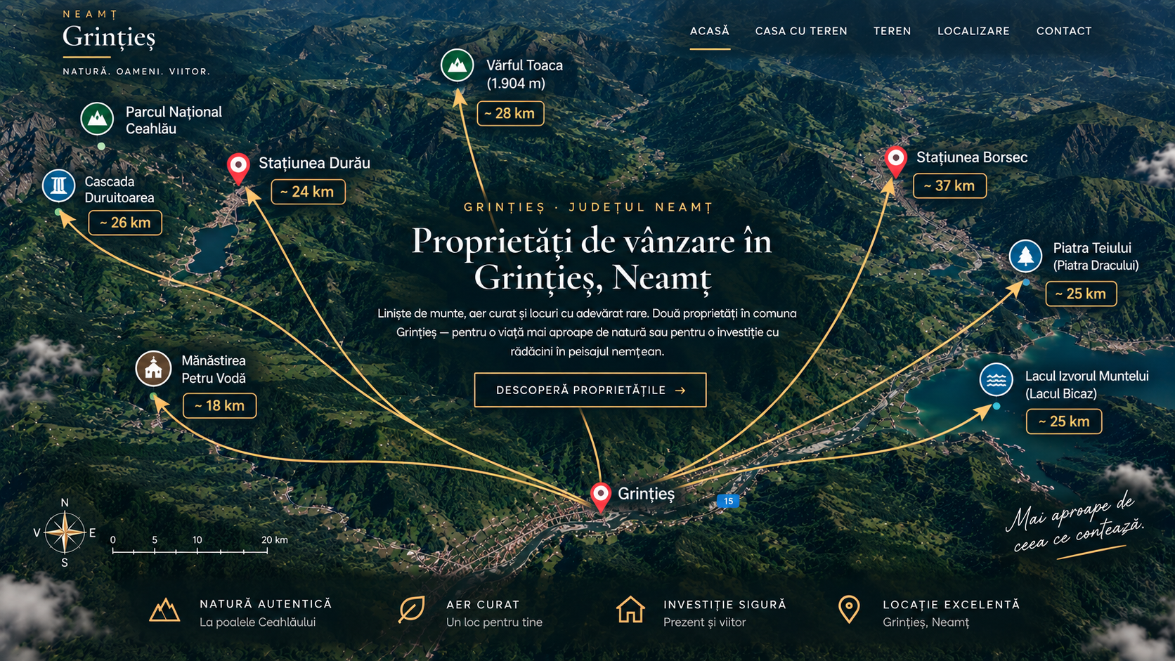 Harta Grințieșului cu atracțiile din zonă și distanțele față de proprietăți